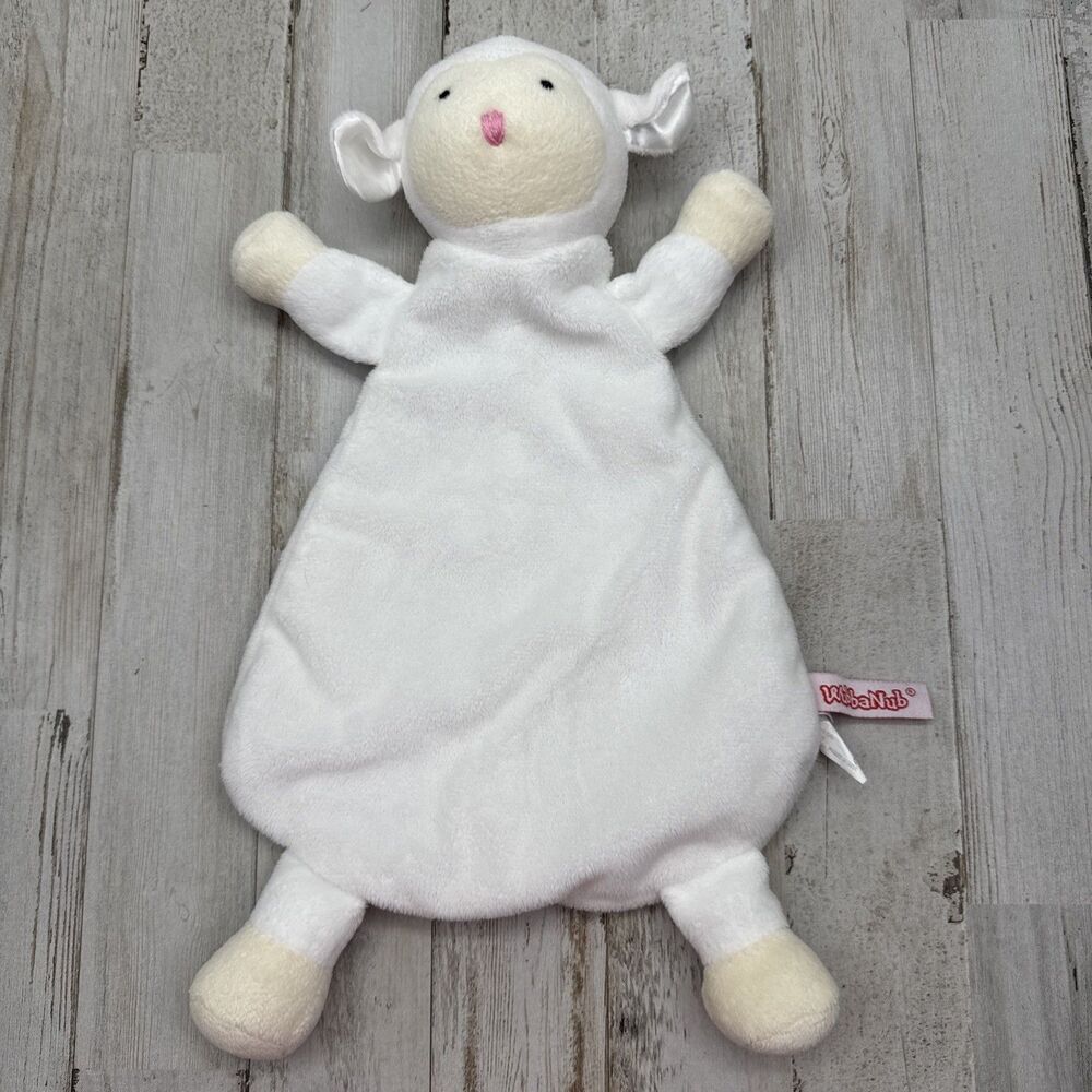 WubbaNub Lamb Secuity Lovey Blankey Rattle Plush White 14 x 8 Satin Ears